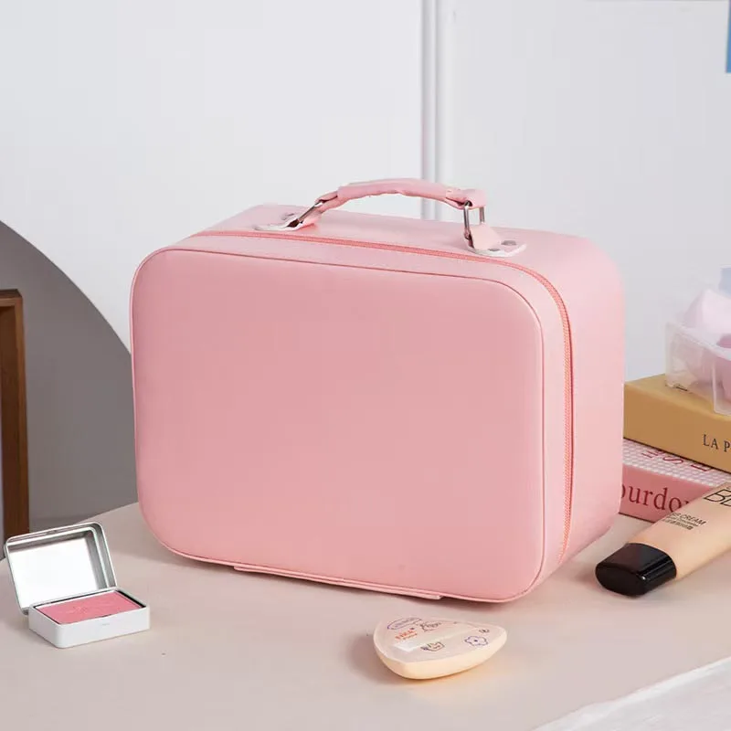 Fashion Solid Color Makeup Box with Mirror Texture PU Waterproof Large Capacity Handbags Casual Travel Cosmetic Storage Bags