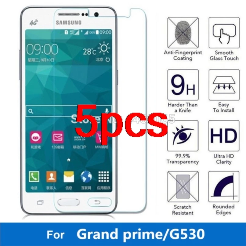 

5pcs 0.3mm clear tempered glass hd for samsung galaxy grand prime screen protector g530 g5308 g530w protective screen film guard