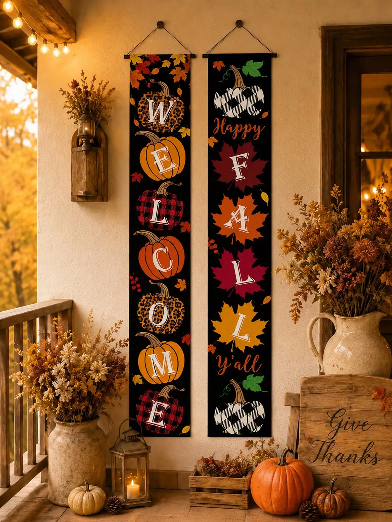 4pcs Welcome Happy Autumn Y'all Porch Banner Set, Reusable Buffalo Plaid Leopard Print Pumpkin Maple Leaf Front Door Hanging Decor, Indoor Outdoor Farmhouse Style Autumn Harvest Thanksgiving Halloween Home Wall Porch Decoration