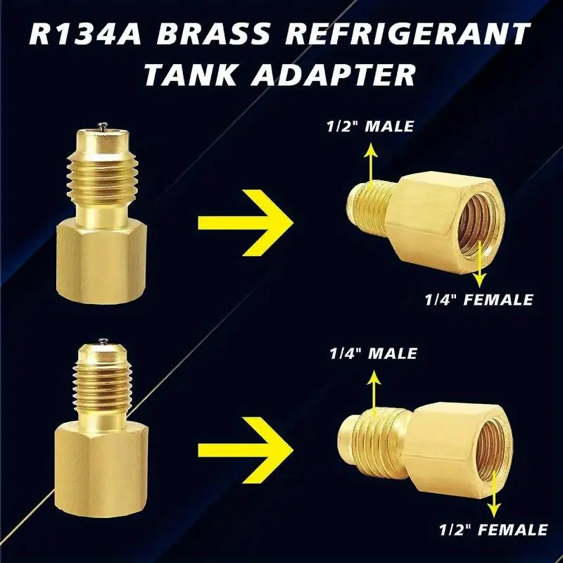 4Pcs R134A Brass Refrigerant Tank Adapter 12 Fitting 12 Female To 14 Male Flare Valve Core Vacuum Pump