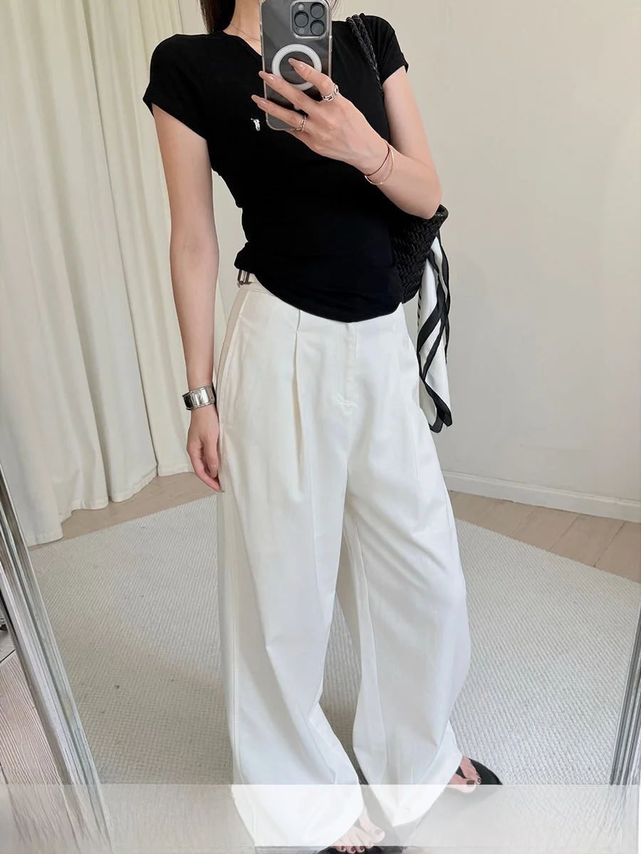 

High Waist Wide Leg Cotton Feel Casual Pants White MUCCHIC Women's Fashion Casual Trousers Comfortable Long Pants