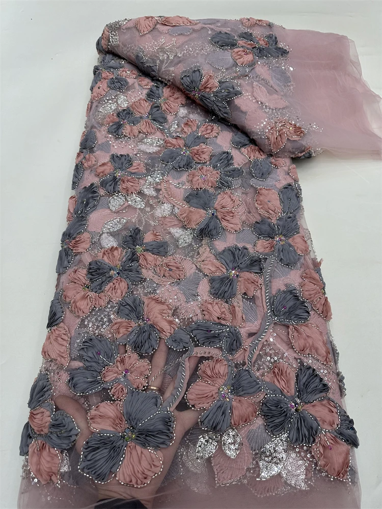 African Sequins Beaded Lace Fabrics 5 yards High Quality Sequence Embroidery French Nigerian Lace Fabric For Wedding Sewing