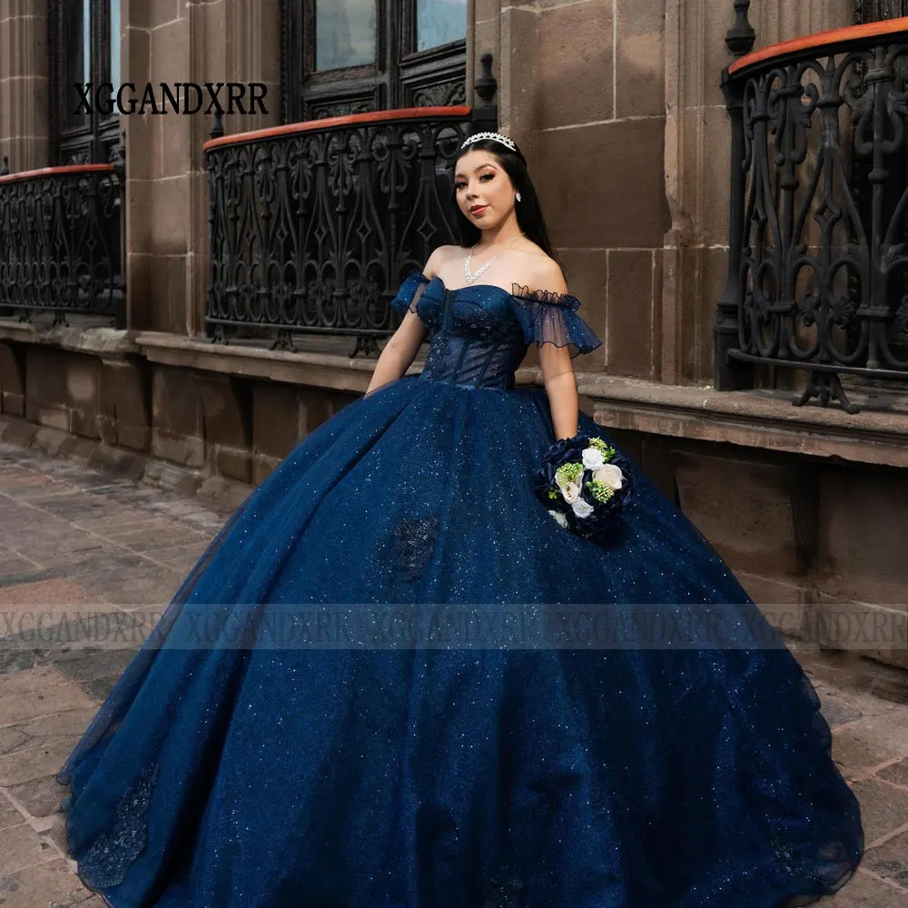 Vestido De baile azul marino para quinceañera, traje De princesa con lentejuelas florales en 3D, escote Corazón, dulce 16, 2024