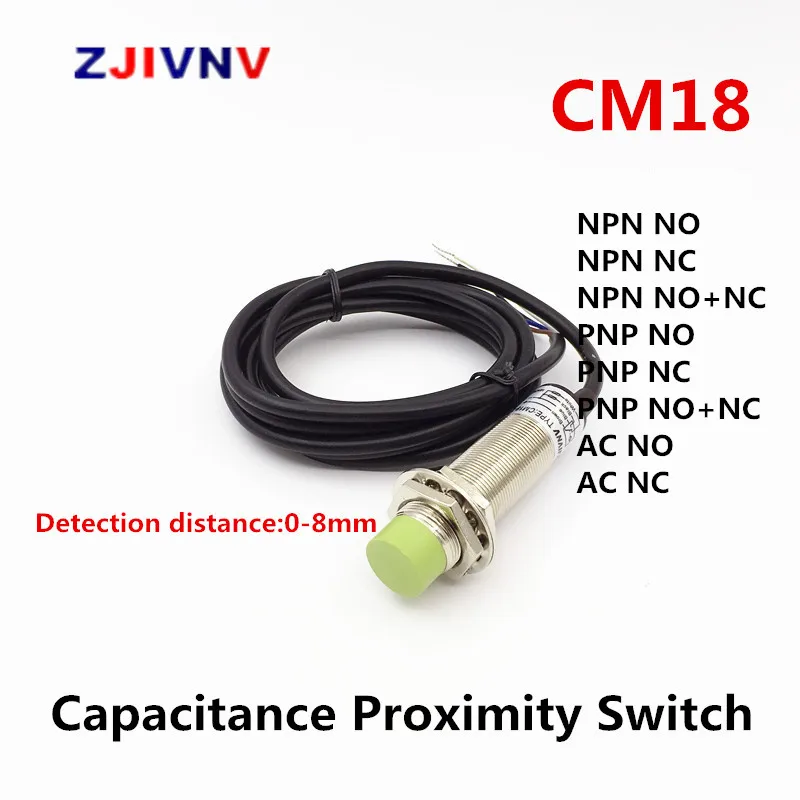 

M18 Capacitive Proximity Sensor Switch Non-flush Sn:8mm 200mA 6~36VDC 90~250VAC NPN/PNP NO/NC/NO+NC 2/3/4 wires CM18-3008