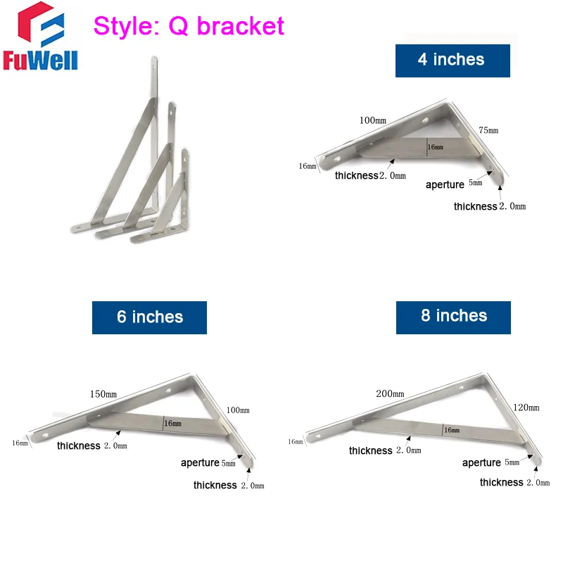 Fuwell 2pcs Thickened Solid Stainless Steel Triangular Laminate Bracket Wall Shelf Partition Fixed Furniture Hardware