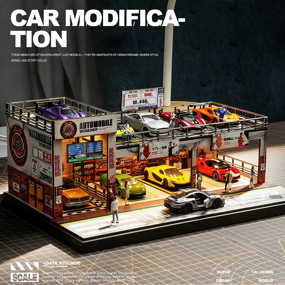 

Модель-диорама парковки-мастерской с двумя этажами и подсветкой, масштаб 1/64 (без фигурок и моделей автомобилей)