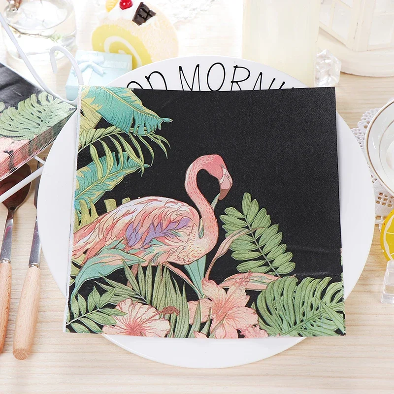 

20pcs/Pac 2 Layers 33*33cm Color Printed Napkin Black Bottom Pink Flamingo Green Leaf Wedding Wine Glass Folding Paper