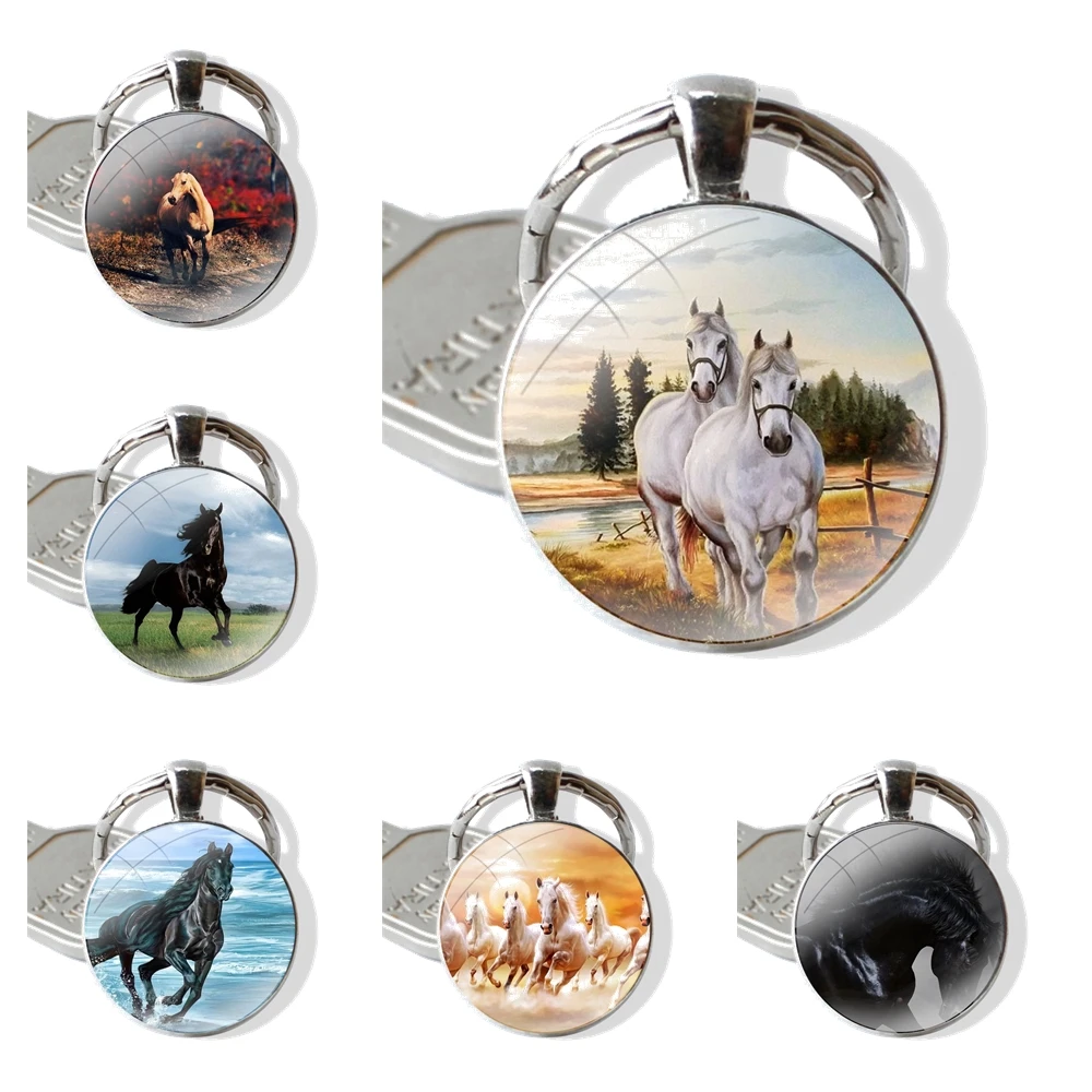 Glass Metal Pendant Key Chain Classic Men Women Key Ring Accessories Jewelry Gifts Watercolor horse Running Horses