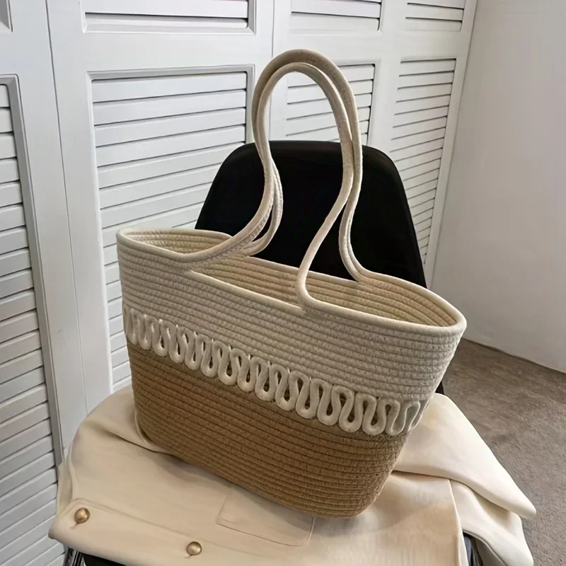 Knitting Kits Fabric Khaki Beach Bag Large Capacity Handmade Straw Summer Holiday Leisure Bag Women Bags Shopping Bags Сумка