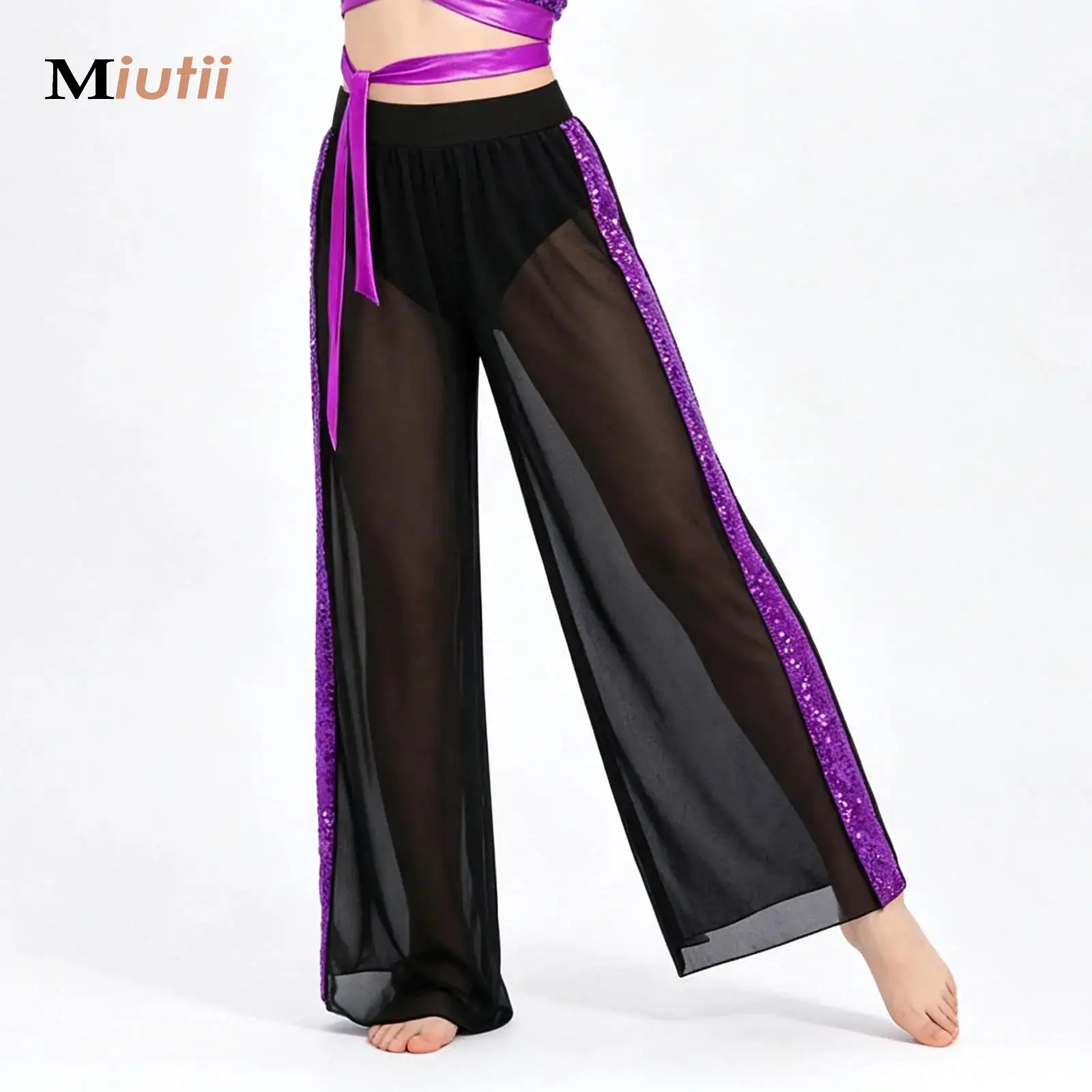 

Kids Girls Lyrical Dance Pants Ballet Jazz Dance Costume Chiffon Wide-Leg Side Slit Dance Pants Training Performance Clothes