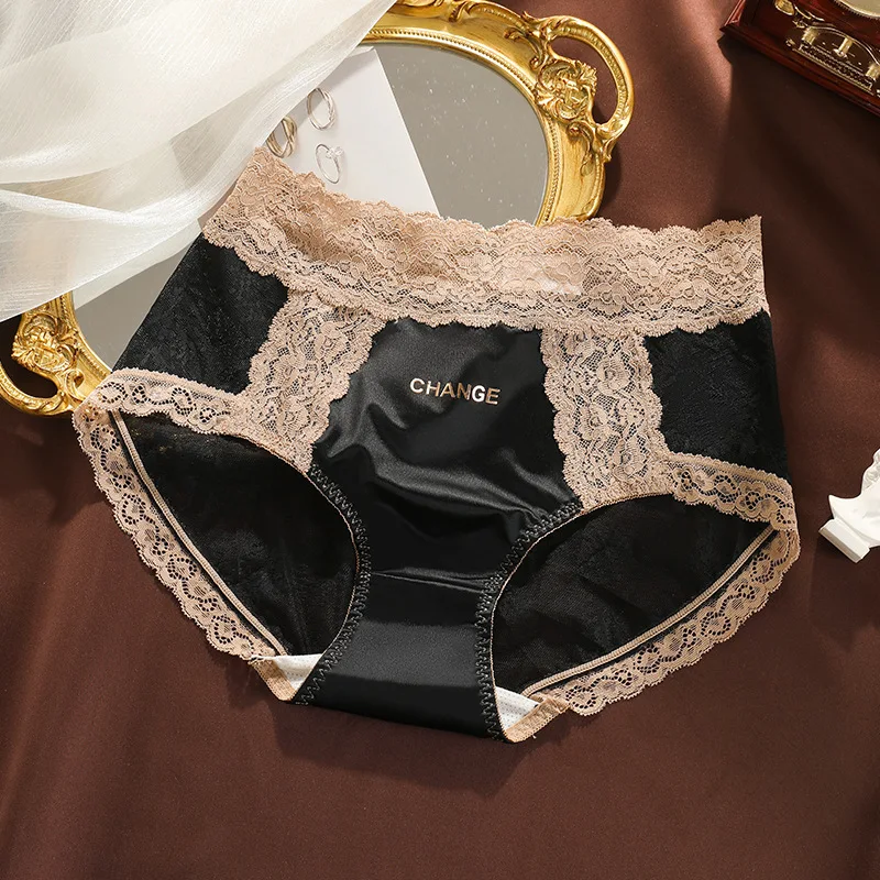 Fashion Women's Satin Underwear Sexy Lace Panties Hollow Out Mid Waist Briefs Female Seamless Ladies Soft Underpants Lingerie