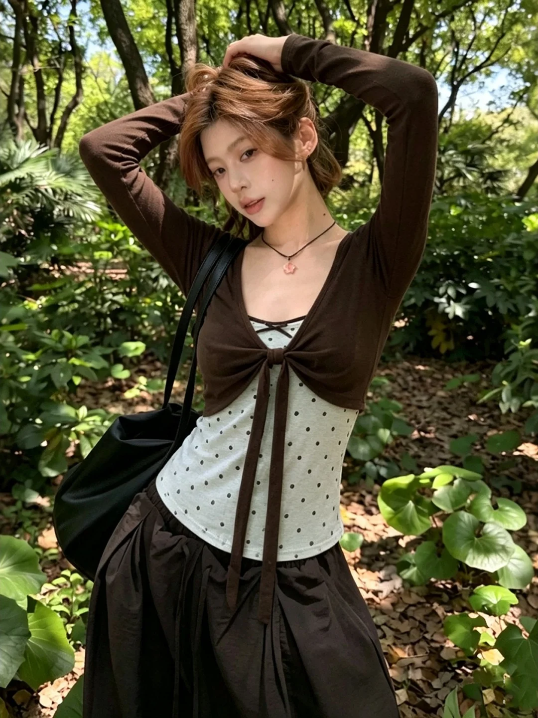 Sweet Korean Style Long Sleeve T-Shirt Women's Early Autumn Fashion Checkered Bow Tie Slimming Top Casual Universal Fit