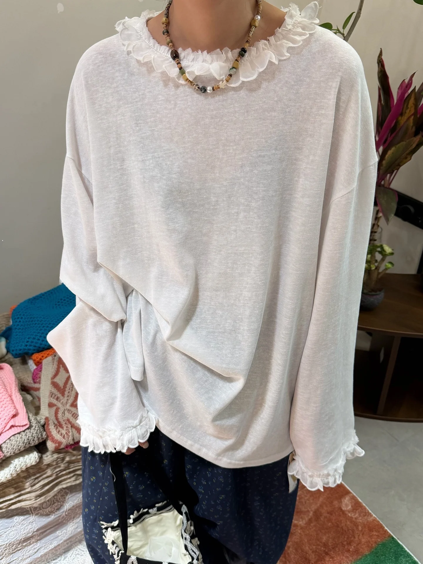 

Retro Sle Splice Lace Trim round Ne Top plus Size White Floral Print Loose Fit Women's T-irt Spring Season Faion