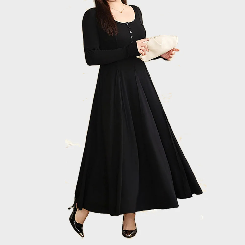 

Supermodel Slimming Drape Effect Long Dress Plus Size Women Spring Good Quality New French OL Big O-Neck Floor-Length Dresses