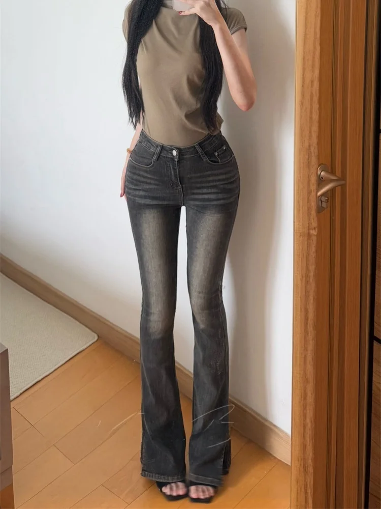 

Vintage High Waist Flared Jeans Women's Plump Hip Slit Slimming Versatile Cotton Stretch Denim Pants Sli Ladies Jeans