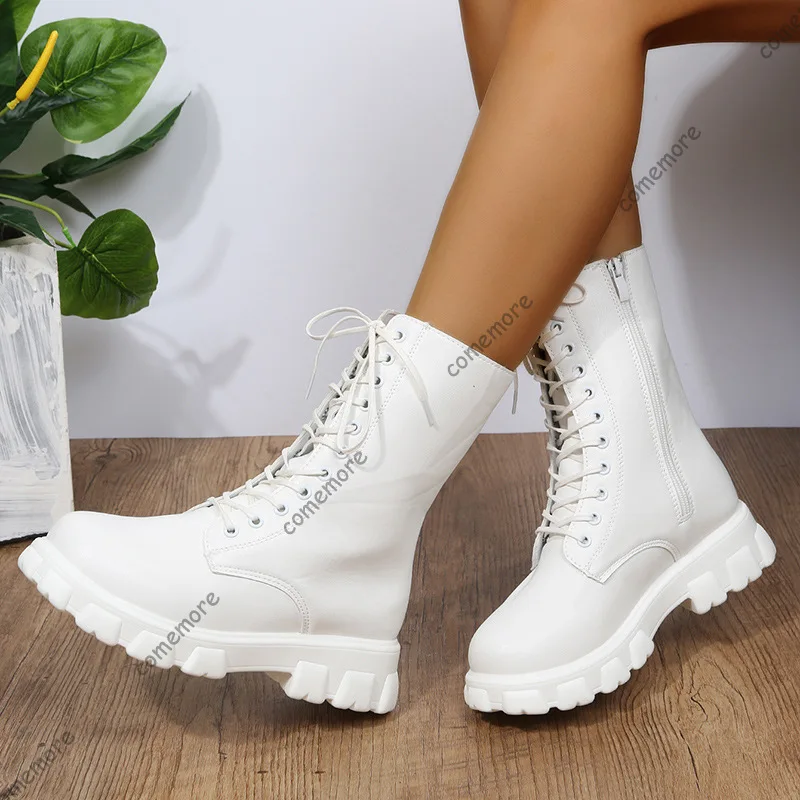 Comemore PU Leather White Ankle Boots Motorcycle Female Chunky Heels Platform Boot Boots Women 2025 Autumn Winter Botas Mujer