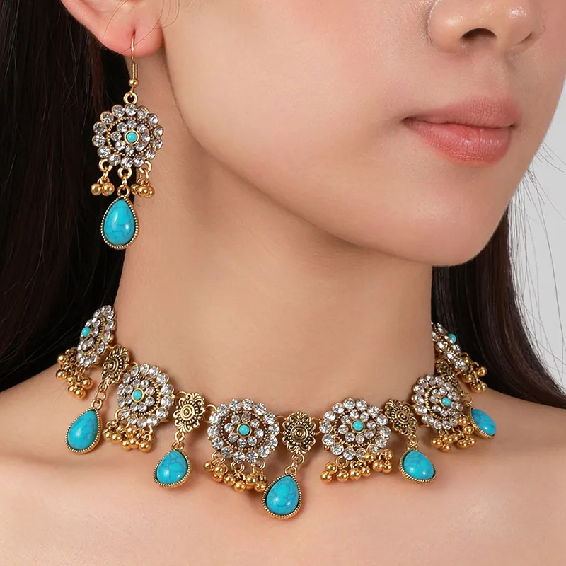 Kymyad Ethnic Vintage Rhinestone Water Drop Necklace Earrings Set For Women Bijoux Flower Statement Collar Necklace Set Jewelry