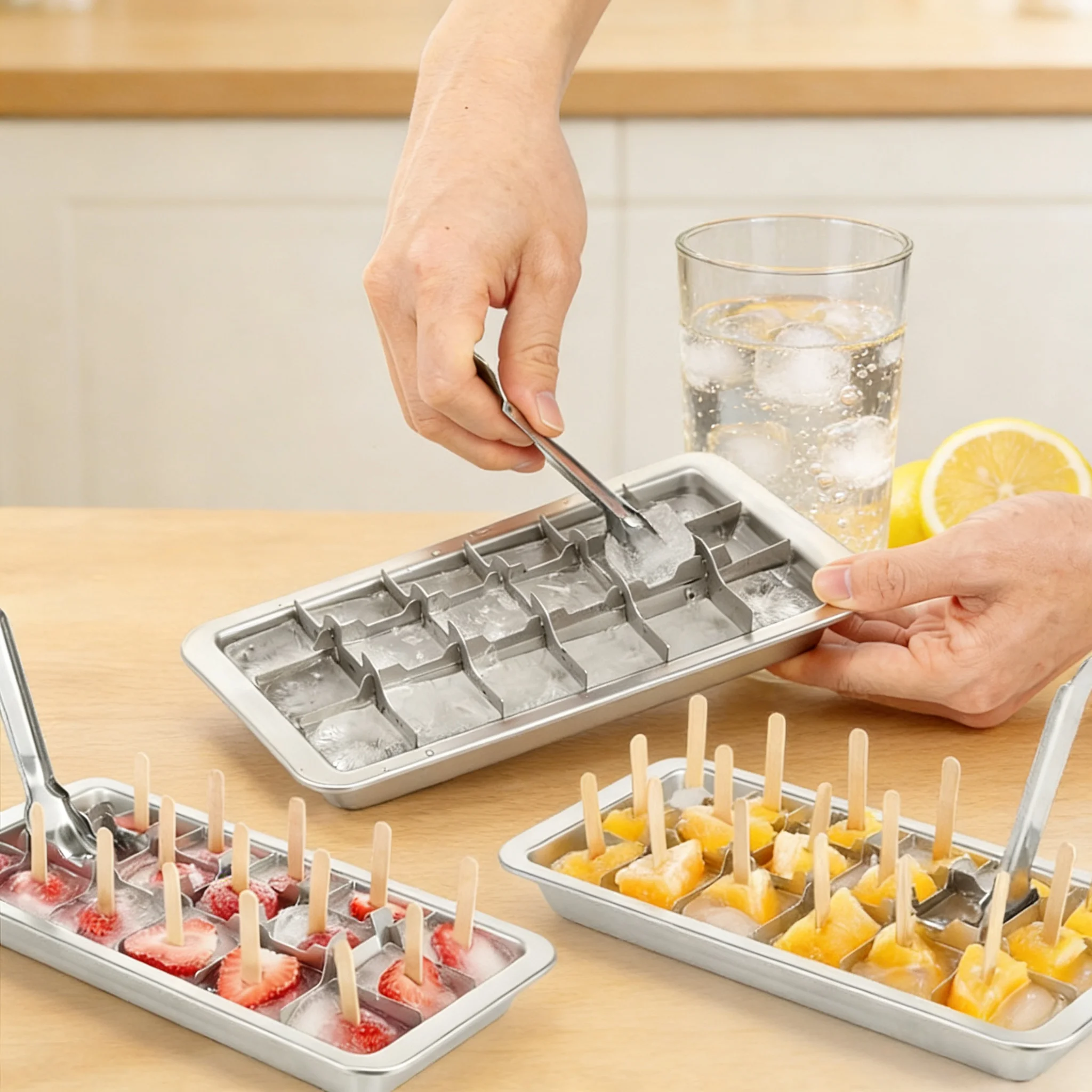 Edelstahl-Eiswürfelform mit 18 Fächern, Metall-Eiswürfelbereiter mit Abnehmbarem Hebel, Eiswürfelform zum Kühlen von Whisky, Bier, Getränken und Früchten