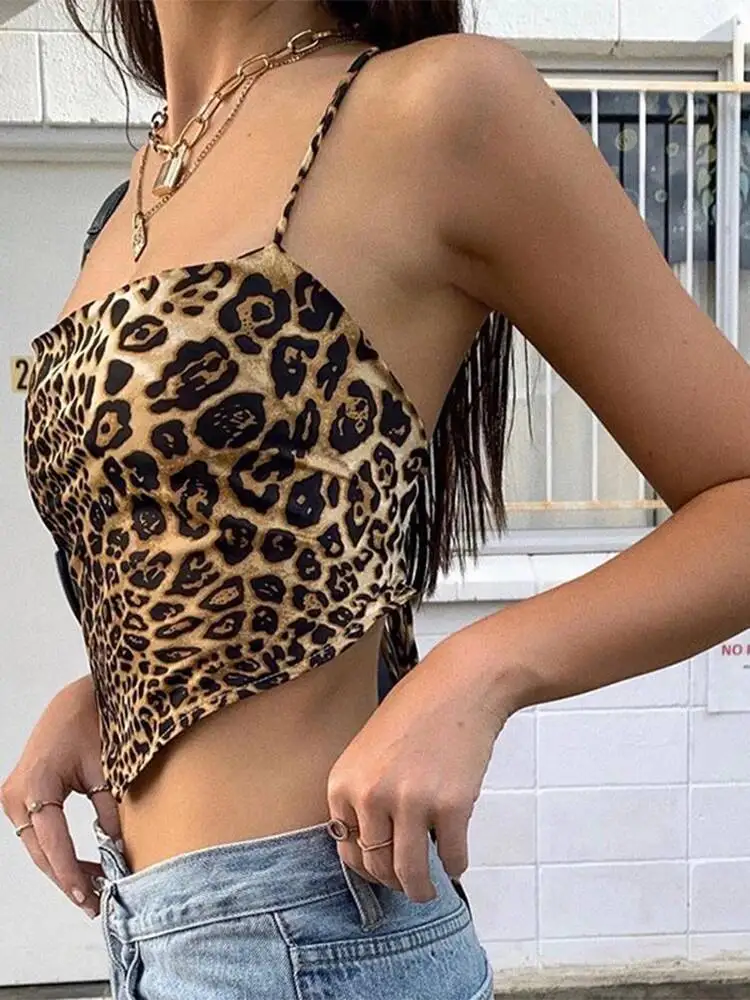 

Leopard Pattern Women S Tank Backless Rave Outfit Sleeveless Cross Lace Up Bralette Crop Top For Summer Streetwear