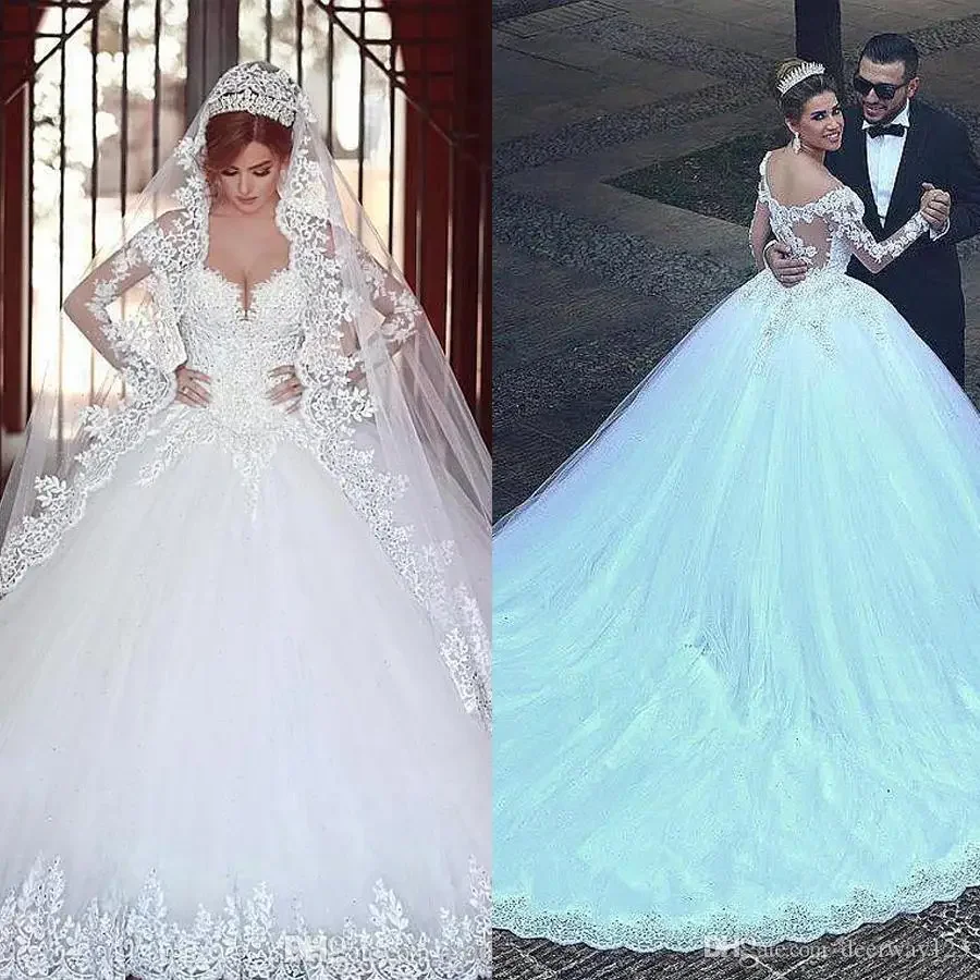 Customized Luxury Plus Size For Bride Custom Made Lace Ball Wedding Dresses Long Sleeves Bridal Gowns