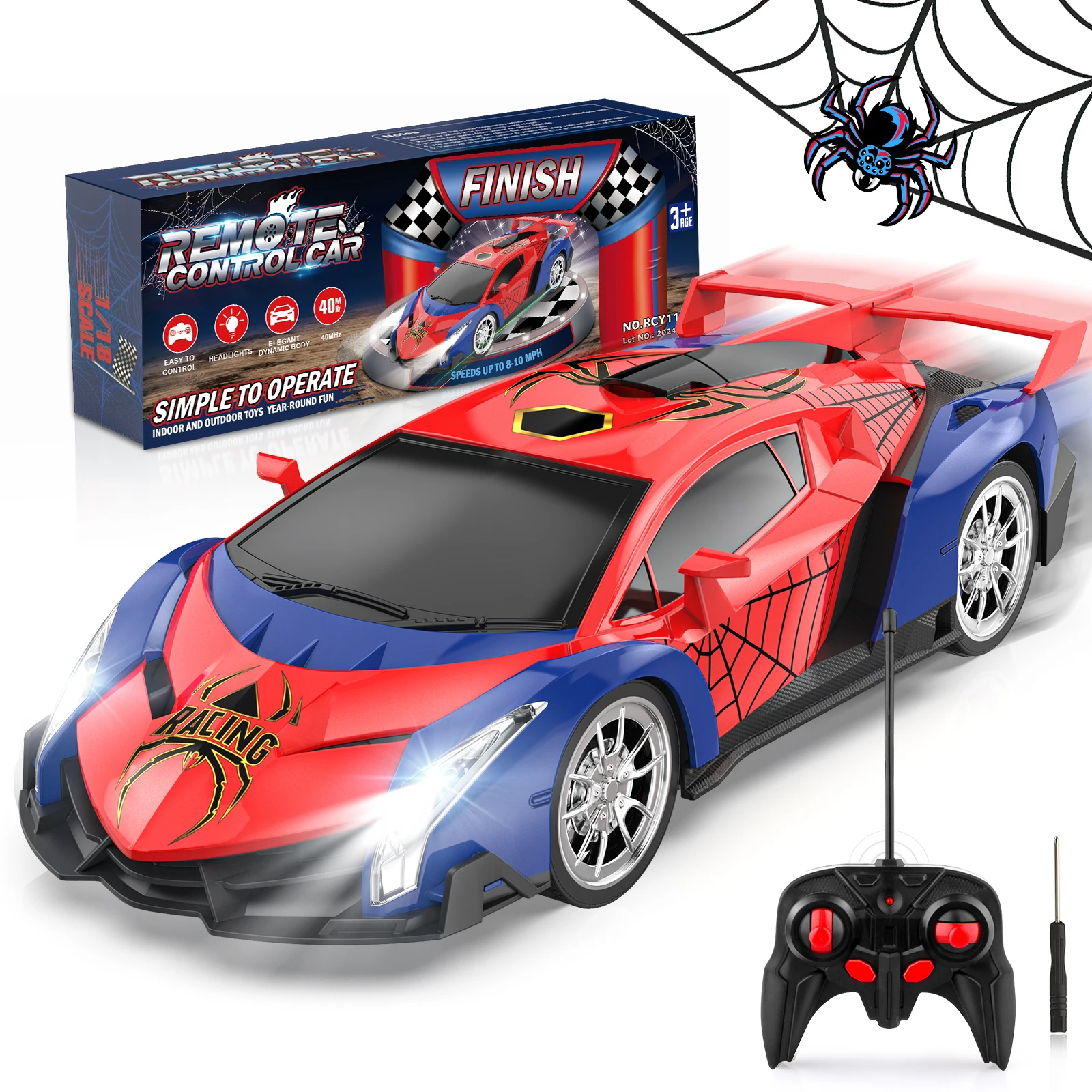 Remote Control Cars Spider Toys for 3 4 5 6 7 8 Year Old Boys 1:18 High Speed Sports Racing Drift RC Car with LED Light Boys Girls Gifts Age 3-12 Kids Toy Birthday Presents Indoor Outdoor Game