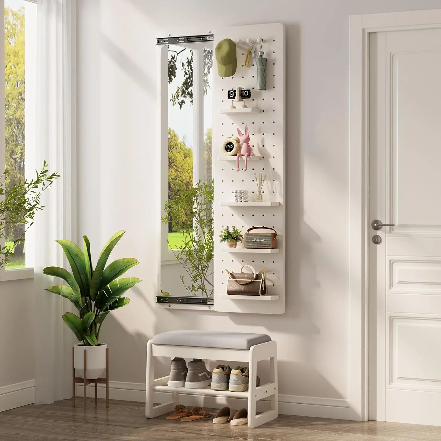 Full-Length Solid Wood Wall Mirror With Shelf Hooks And Storage Space For Bedroom Furniture Entryway Home Decor