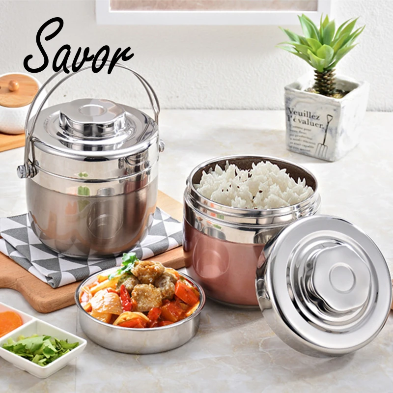 1.5L Stainless Steel Thermal Lunch Box Bowl Portable Handle Leak-Proof Large Capacity Bento Case Kids Food Storage Container