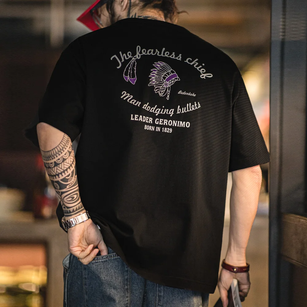 

Maden Vintage Indian Printed T-Shirt for Men Summer Loose Cotton Short Sleeve Breathable Comfortable Casual T-Shirt Black Tees