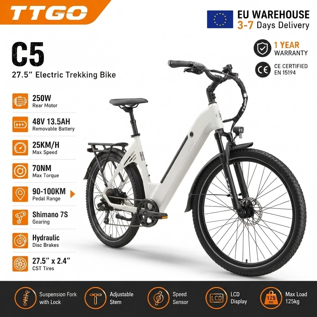Image of TTGO C5 E-Bike City, 27,5-Zoll-Elektrofahrrad, 250 W, 648 Wh Akku, Elektrofahrrad für Erwachsene, Reichweite bis zu 130 km, 70 Nm Heckmotor, niedriger Rahmen, 7 Gänge, hydraulische Scheibenbremsen,