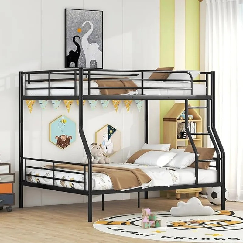 Full XL Over Queen Bunk Beds, Heavy-Duty Metal Bunk Bed Frame with Ladder and Guardrail for Kids Teens Adults