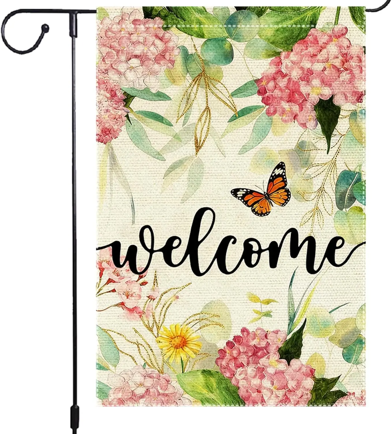 Welcome Spring Summer Garden Flag 12x18 Inch Double Sided Small Burlap Watercolor Pink Hydrangea Butterfly Floral Outdoor De YYQ