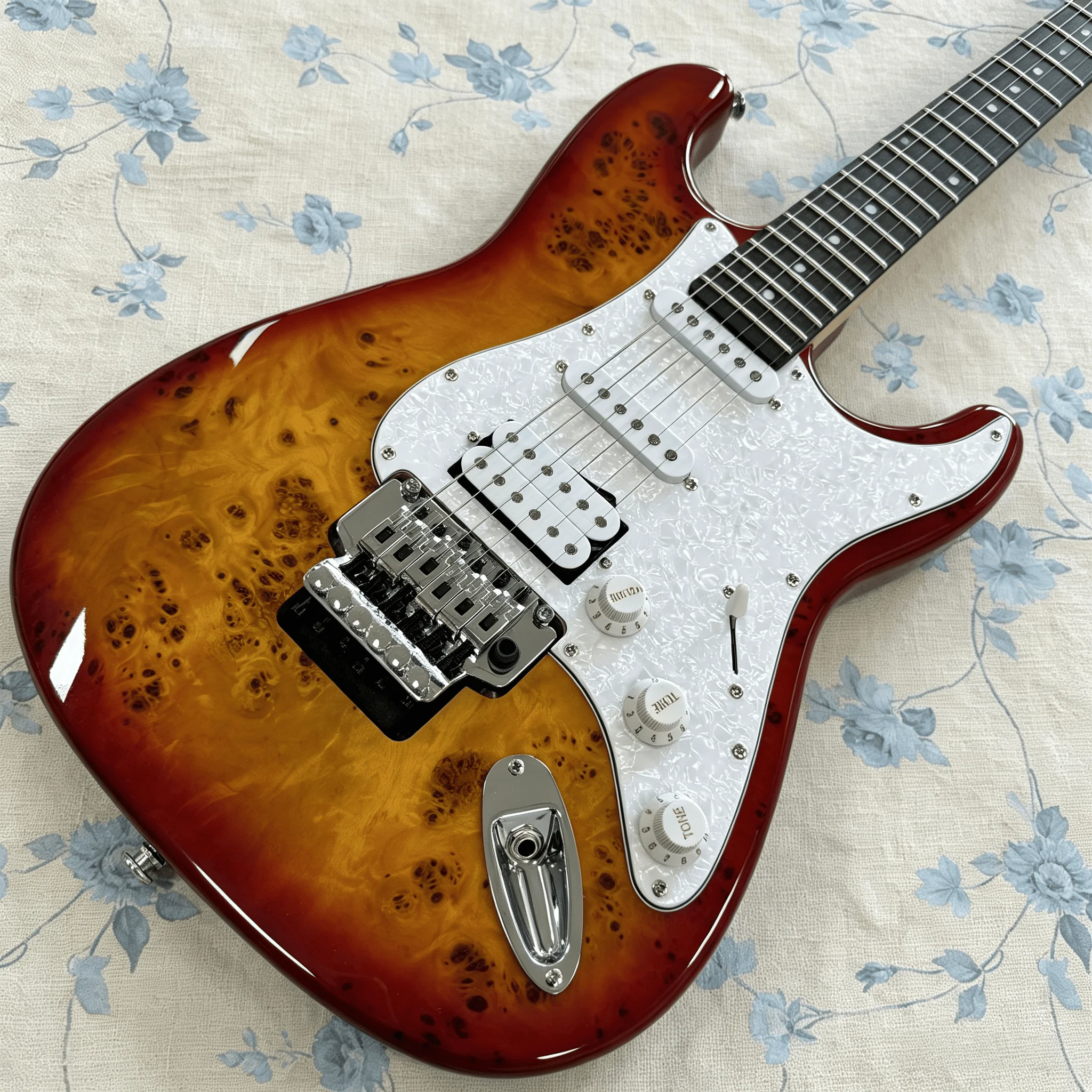 US Warehouse Burst Burl Top ST Style Electric Guitar SSH Pickup Configuration White Pearl Pickguard Chrome Tremolo System Vintage Sunburst Stratocaster Guitar for Rock Blues Player In Stock view 3