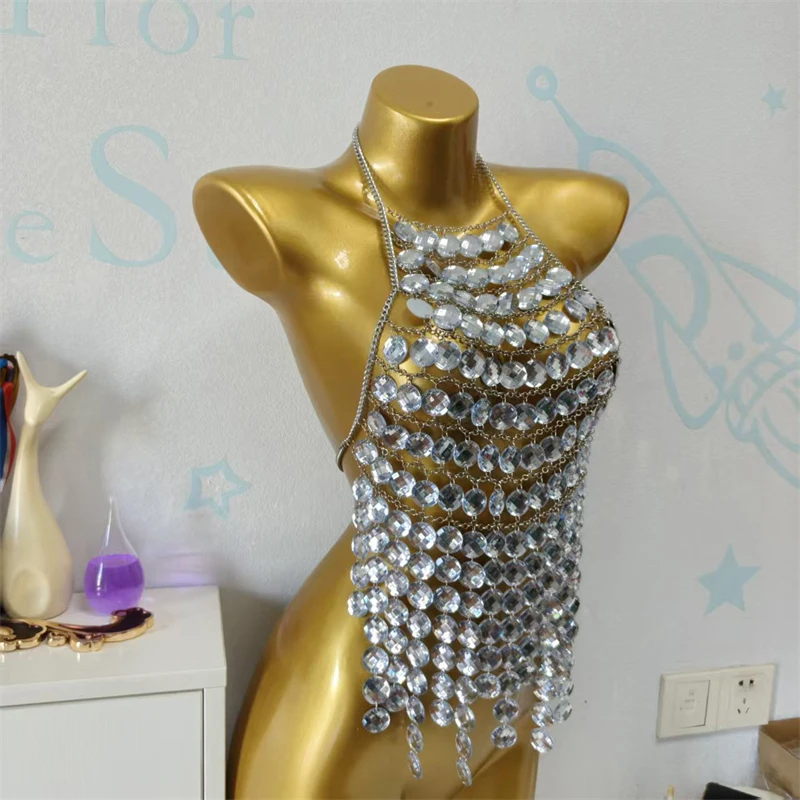 Damen Silber Mehrschichtiges Strass-Neckholder-Crop-Top Sexy Kristall-Körperkette Weste Festival Party Nachtclub Schmuck Damenkleid – Detail 5
