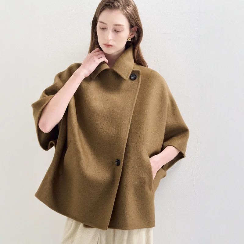 

Autumn Winter Women's Woolen Coat Short Length Cowl Neck Single Button Closure Warmth Lightweight Fashionable Commute Style