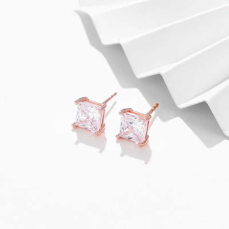 MxGxFam Round / Square Zircon3mm-9mm Classical 4 Claw Stud Earrings for Women Daily Wear Fashion Jewelry Rose Gold Plated