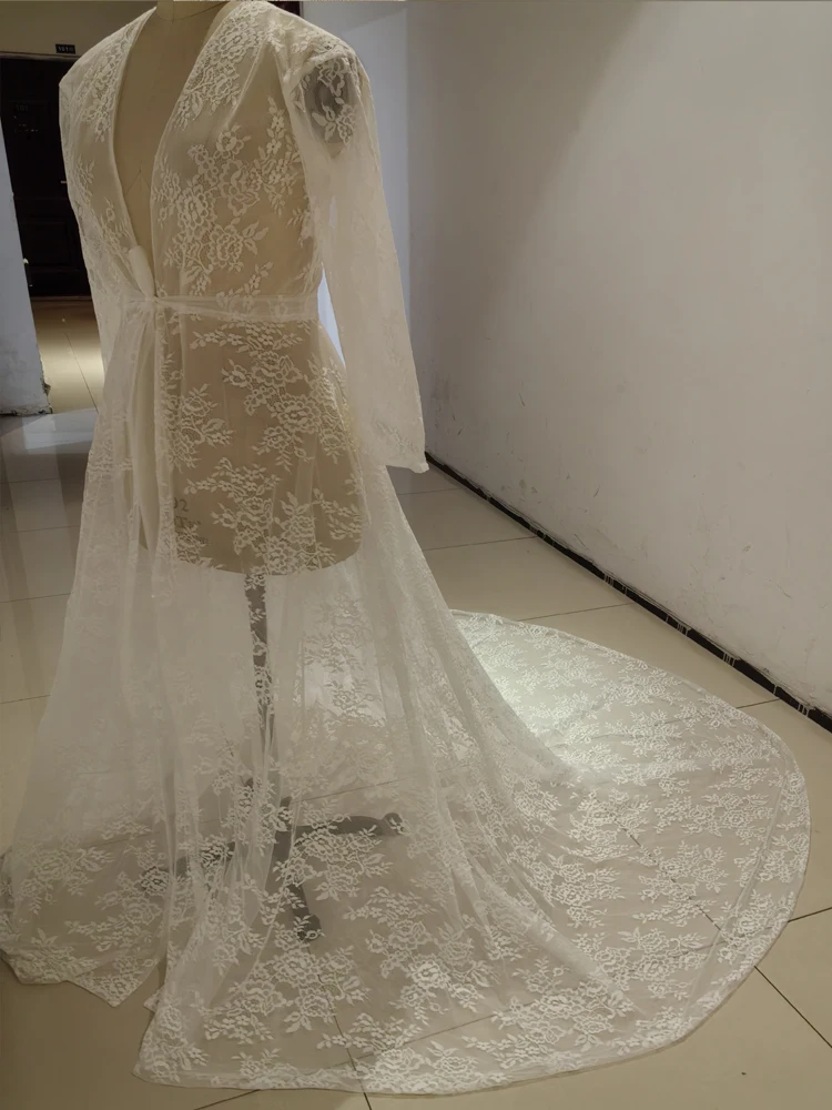 Lace Wedding Robe Long Jacket Wedding Coat Sweep Train Wedding Capes Wrap Bolero Lace Wedding Robe Tulle Shrug Customized