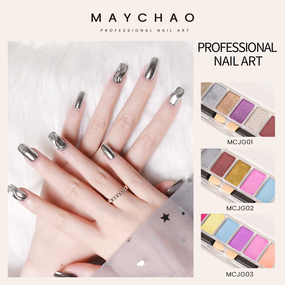 Maychao 6 cores do laser do prego sólido aurora espelho prego brilho em pó prego uv gel polonês pigmento arte do prego decorações para manicure