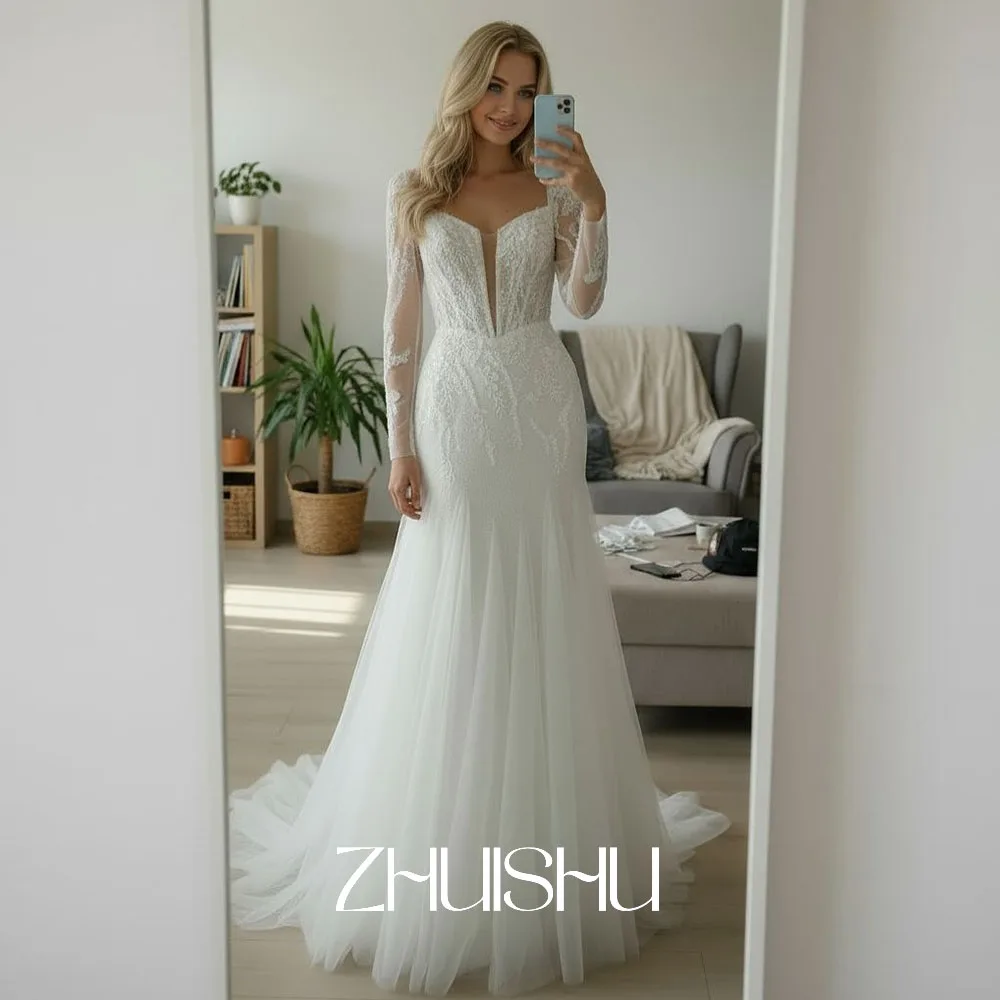 ชุดแต่งงานหรูหราสไตล์นางเงือก ZHUISHU ชุดเจ้าสาวลูกไม้ คอวี แขนยาว แบบสั่งตัดได้