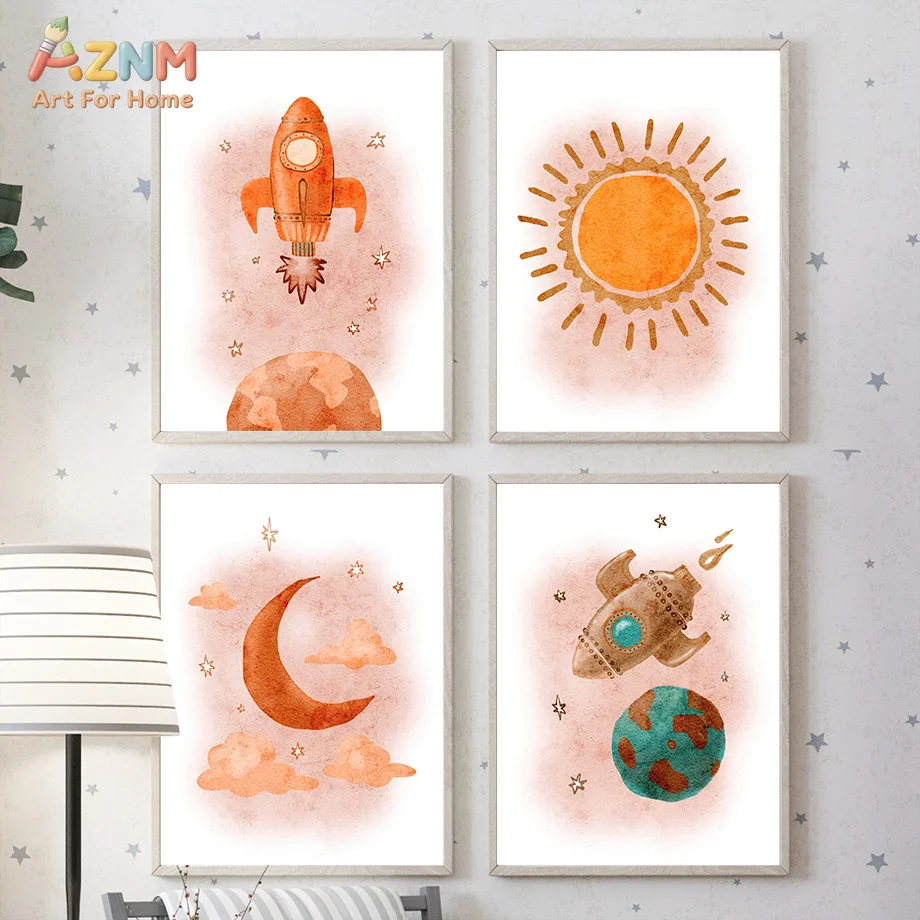 AZNM Watercolor Space Rocket Sun Moon Planet Canvas Poster, Frameless Warm Pastel Outer Space Wall Art For Kids Nursery Toddler
