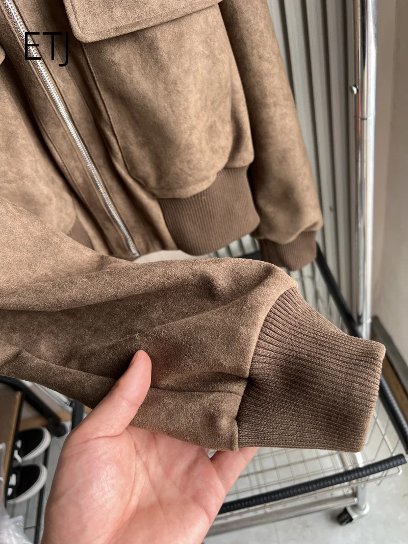 ETJ 2026 Damen Kunstwildlederjacke, kurze Fliegerjacke mit geripptem Saum, Cargotaschen, Reißverschluss, Stehkragen, Vintage-Herbstjacke – Detail 18