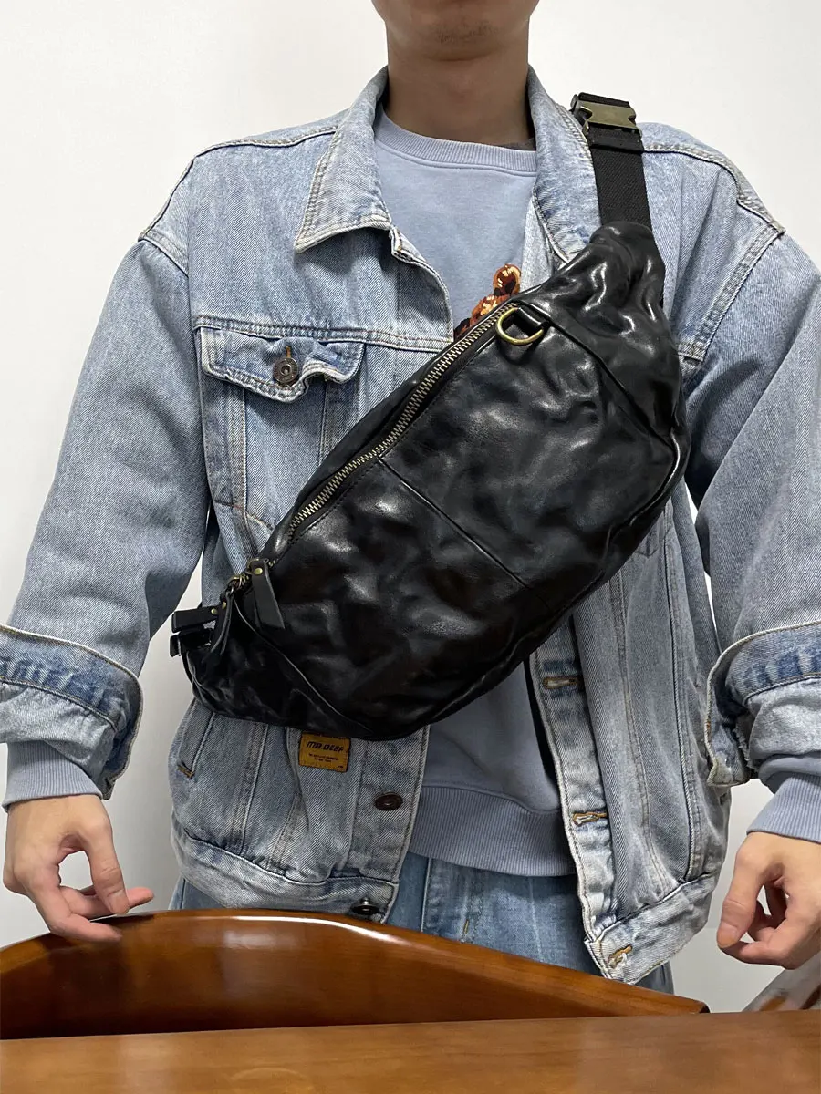 패션 베지터블 태닝 소가죽 남성용 대형 가슴 가방 천연 가죽 숄더백 아웃도어 캐주얼 여행 오토바이 크로스백