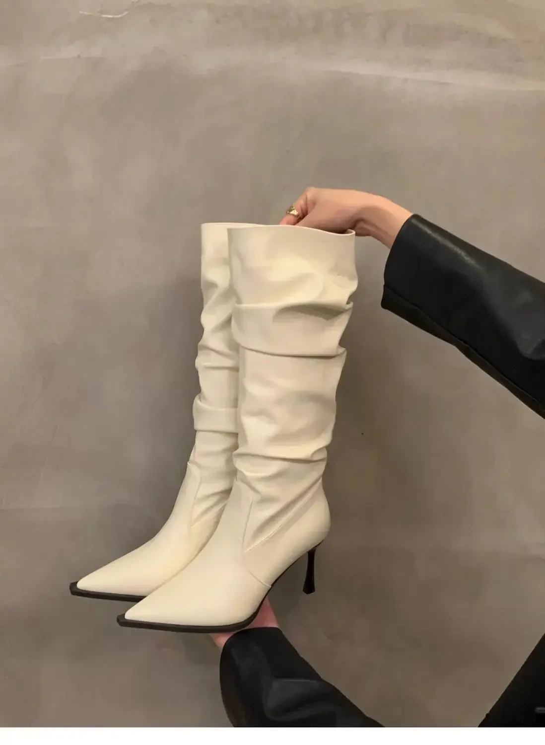 Plissierte Spitze Damen Langstiefel Street-Style High Heels Party-Stripper Damen Leder High Booties – Detail 12