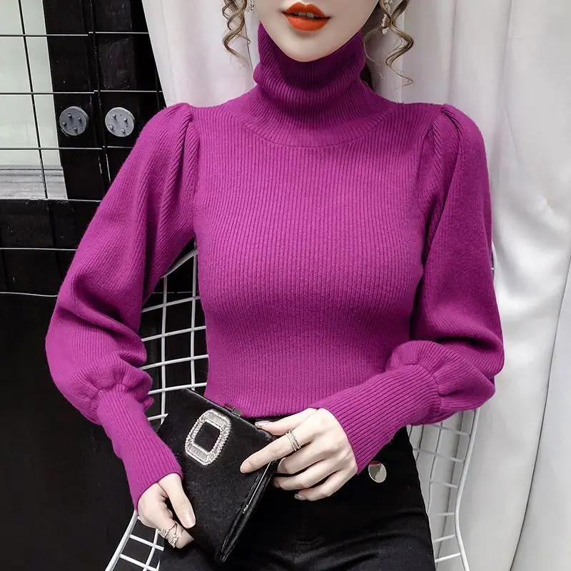 Autumn and Winter Women's Pullover Turtleneck Patchwork Screw Thread Solid Underlay Fashion Casual Commuter Long Sleeve Tops