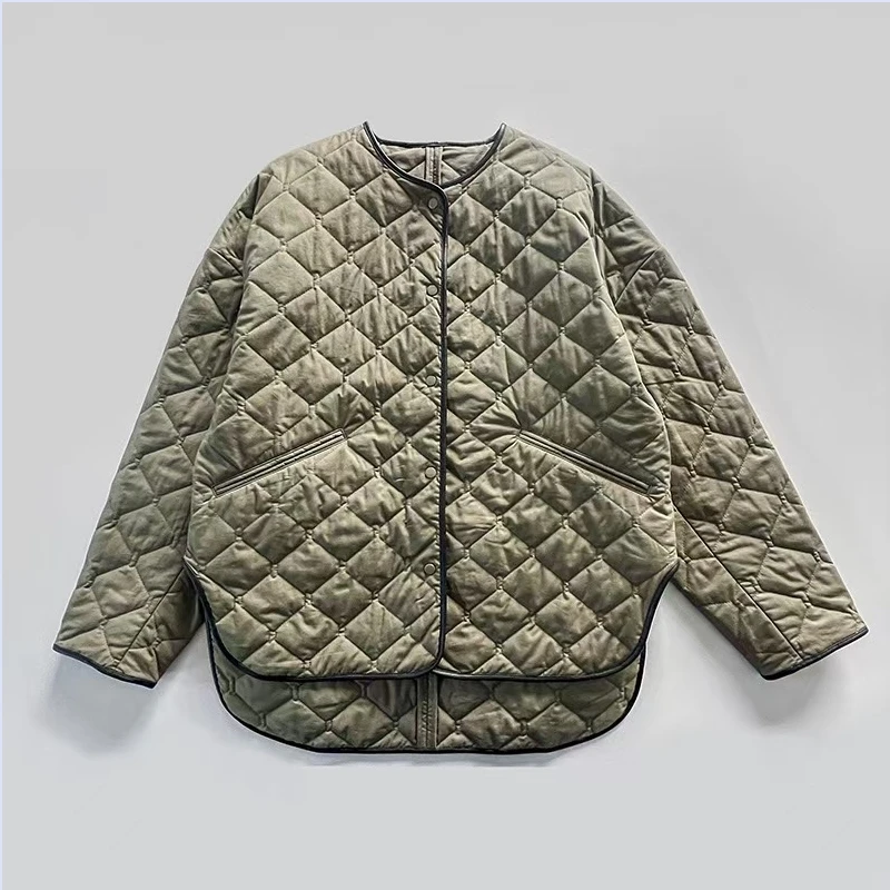 24 year new swamp green contrasting color strip quilted diamond grid environmentally friendly leather bag edge cotton jacket