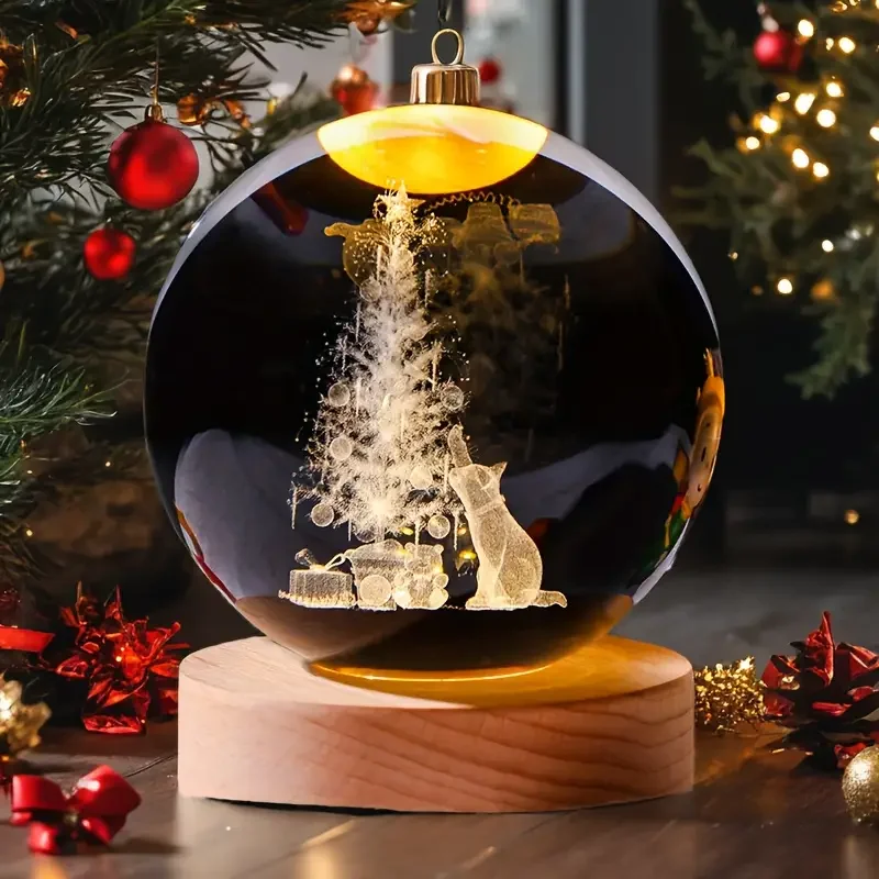 1pc,Christmas Cat 3D laser carved crystal ball with colored lights, living room bedroom home decorative lights, table decoration