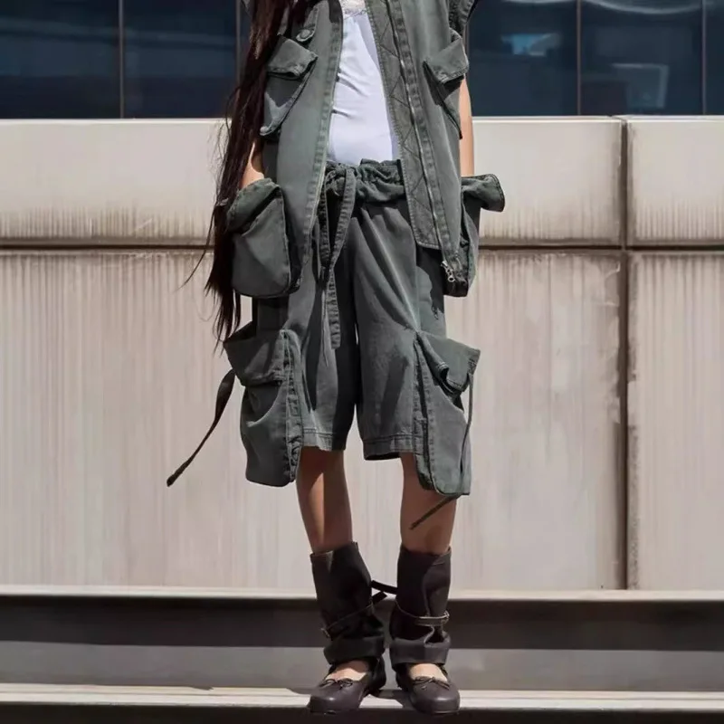 

New Spring Summer OPEN YY24 Washed Vintage Short Pants Workwear Five-Quarter Length Cuffed Waistband Cotton Commute Style