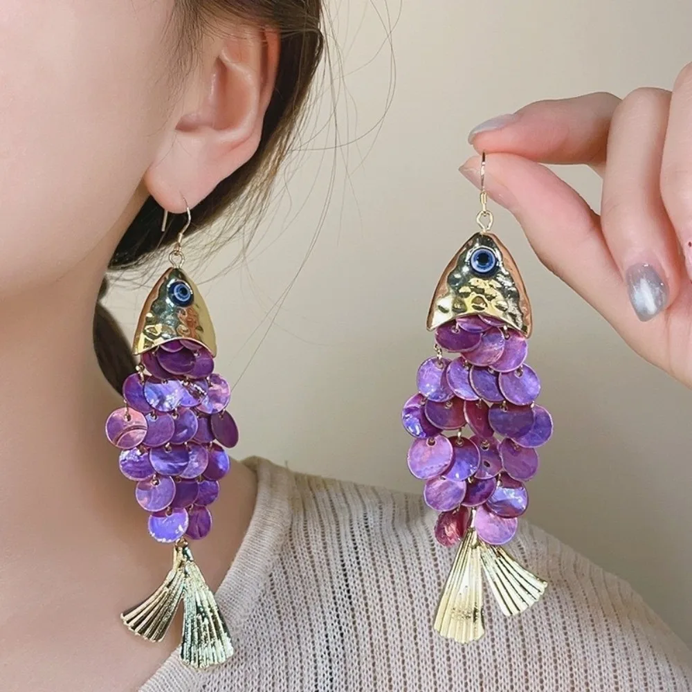 Personality Fish-shaped Earrings Elegant Alloy Imitation Shell Tassel Earrings Ear Hook Design Scaly Dangle Earrings Festival