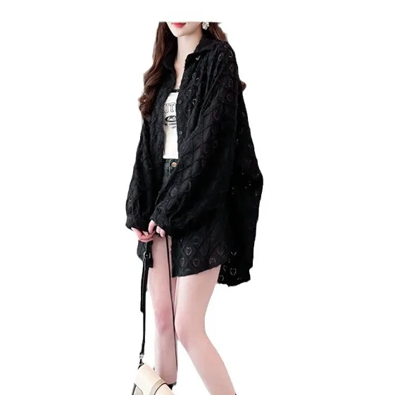 Lace Spliced Shirts Women Loose Cardigan Solid T Shirt Long Sleeve Casual Blouses Turn Down Neck Open Stitch Lady Summer 5