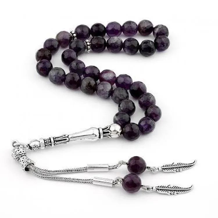 925 Sterling Silver Amethyst Stone 33 Piece Tasbih Special Design Islamic Gift, Masterwork Muslim Prayer Beads Masbaha, Subha