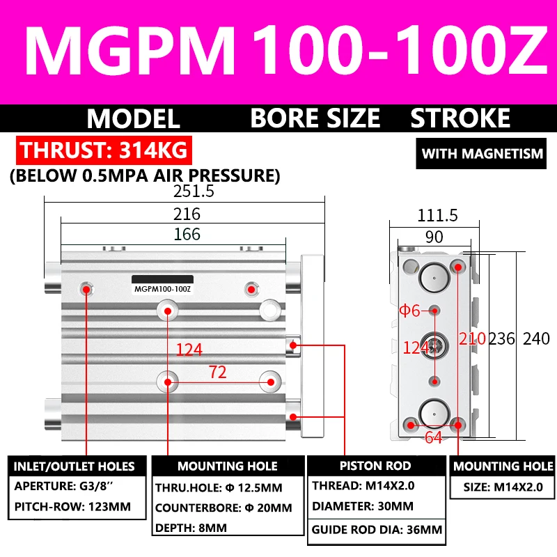 

Пневматический компактный направляющий цилиндр серии ABILKEEN MGPM MGPM100-100Z, диаметр 100 мм, ход X 100 мм, треххосевой трехштоковый воздушный цилиндр